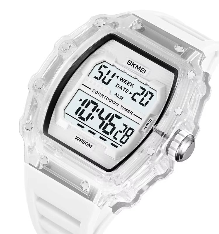 SKMEI 2296 Digital Sports Countdown Timer Watch - White/Transparent-White image 1