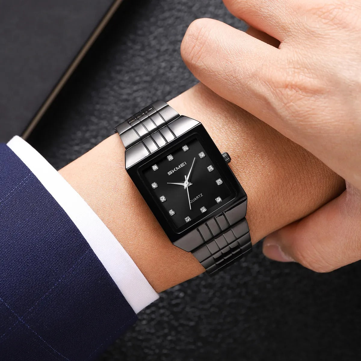 SKMEI 2619 Square Analog Diamond Dial Watch - black/black image 2