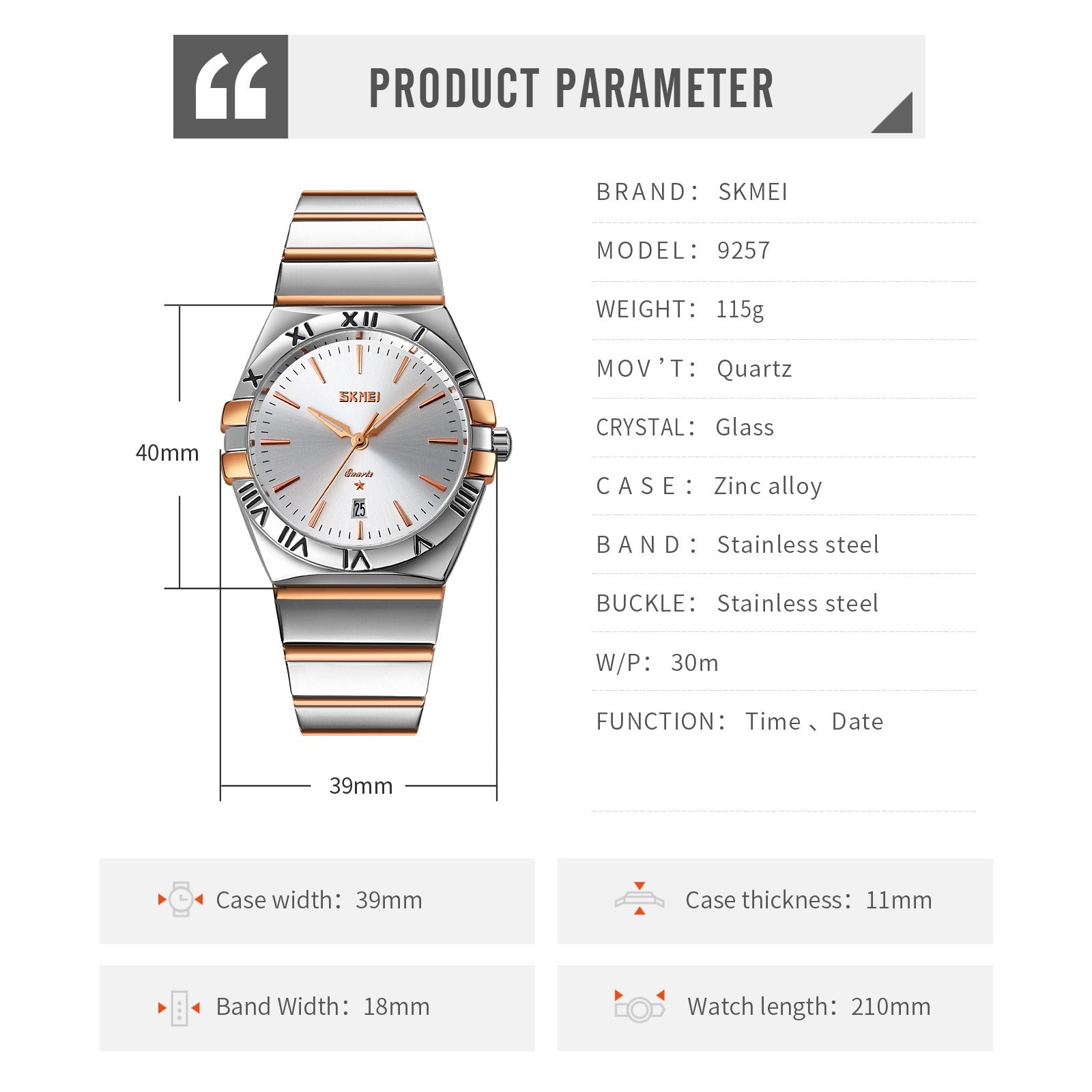 SKMEI - 9257 - Business Stainless Steel Band Men's Watch - rose gold/silver-silver (man) image 3