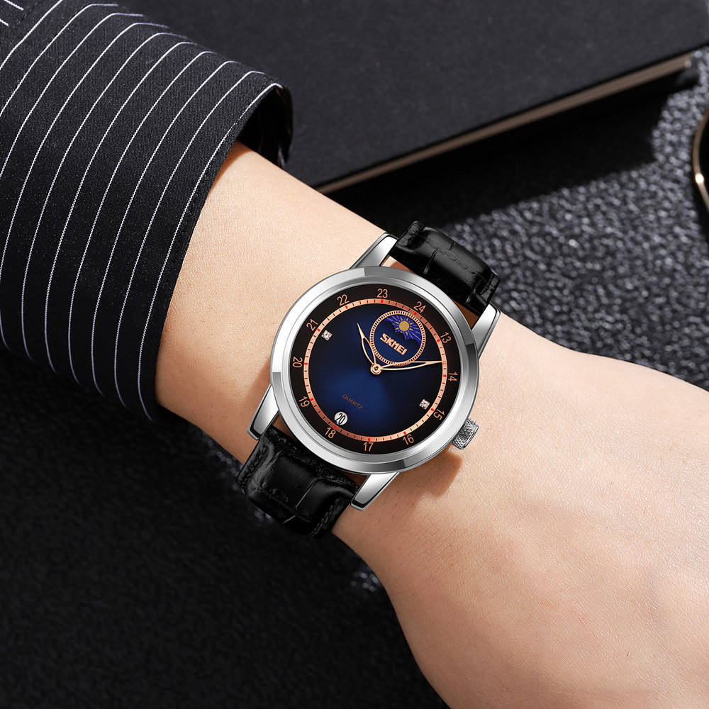 Skmei – 9300 – Elegant Moon Phase Edition Watch – Silver / Blue image 2
