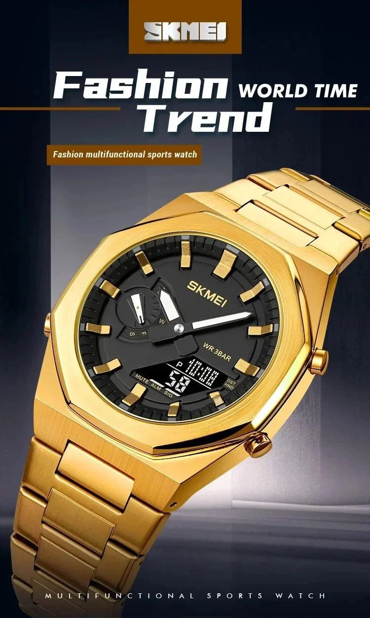 Skmei - 1816 - Dual Display luminous waterproofs 50+ timezone - Golden/Black image 4