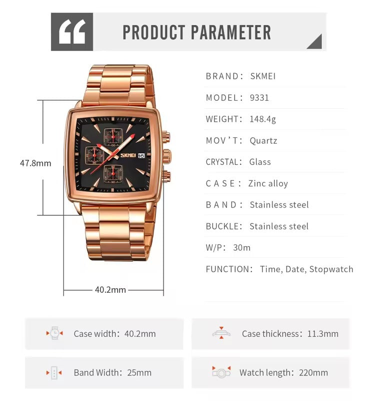SKMEI - 9331 - Luxury Chronograph Wr30m Waterpoof Quartz - Rosegold/Black image 2