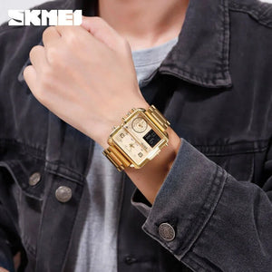Skmei - 1584(chain) - Sports Quartz Waterproof Tiple time - Gold-Steel image 3