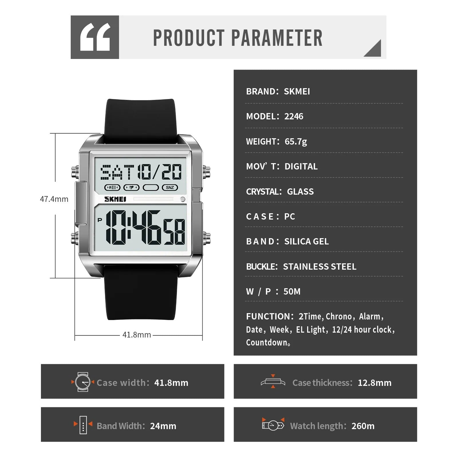 Skmei - 2246 - Modern Square Digital Watch - silver/black image 4