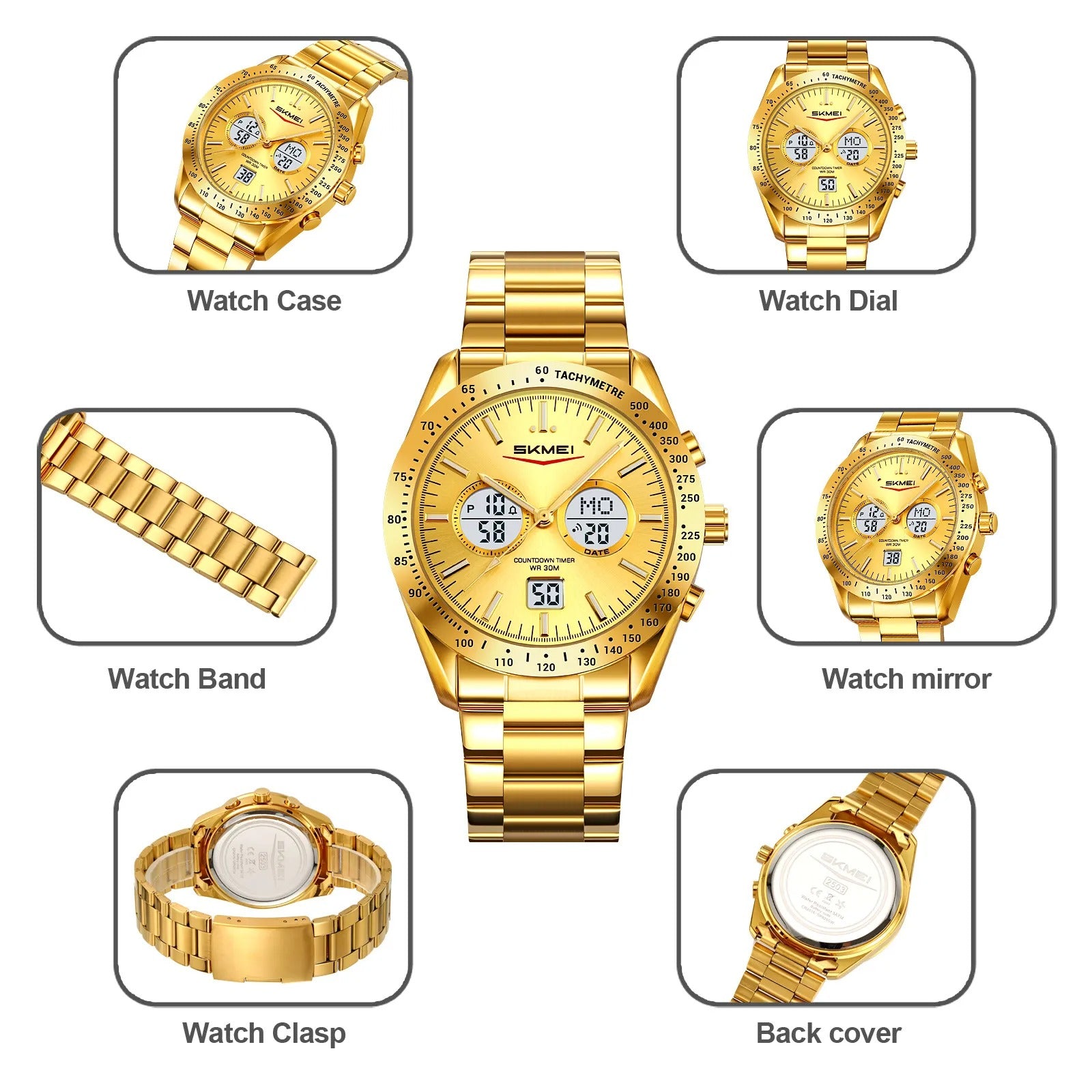 SKMEI 2503 Digital Tachymetre Countdown Timer Watch - black/gold/white/steel image 3