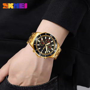 SKMEI - 9335 - Luxury Quartz Chronograph Stainless Steel Watch - gold/black image 3