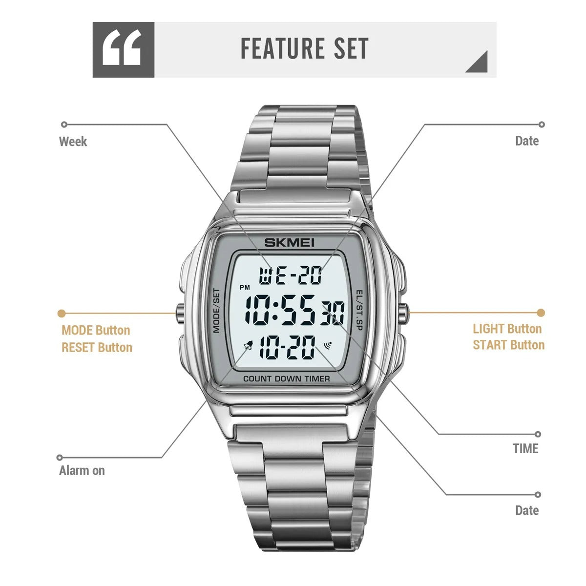 SKMEI 2239 Square Digital Countdown Timer Watch - silver image 3