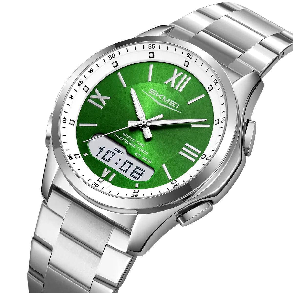 SKMEI 2459 Analog Digital World Time Sports Watch - silver/green image 0