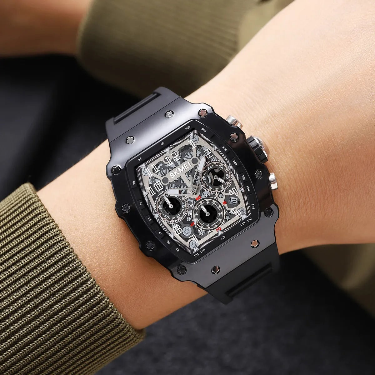 SKMEI 2305 Tonneau Skeleton Dial Chronograph Watch - Black/Black image 2
