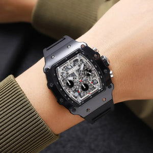SKMEI 2305 Tonneau Skeleton Dial Chronograph Watch - Black/Black image 2