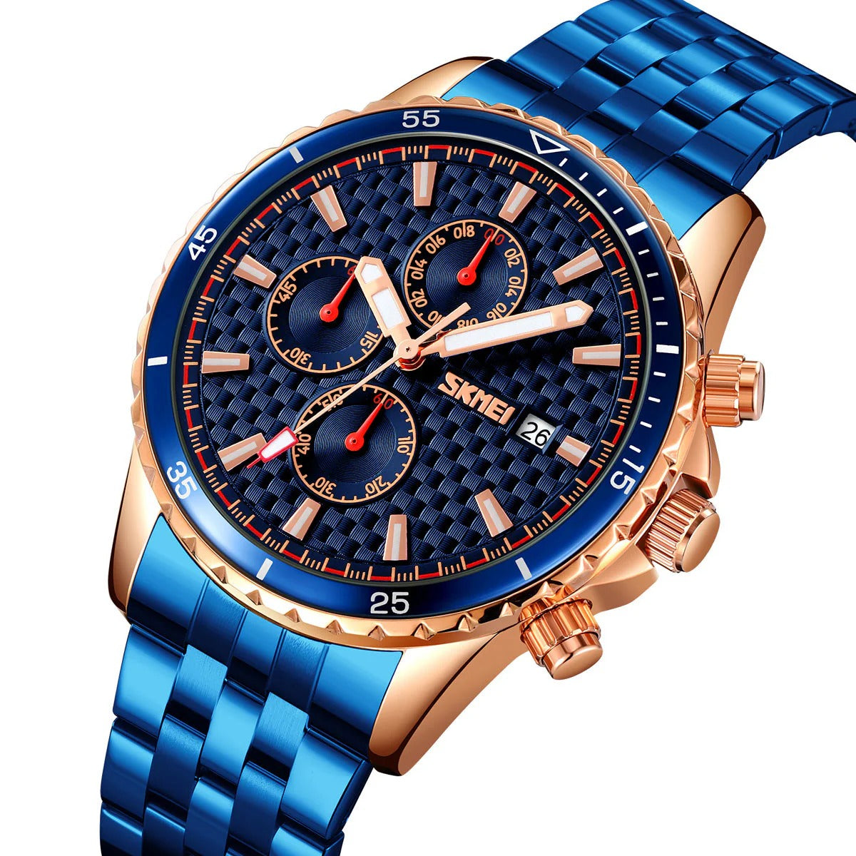 SKMEI - 9334 - Quartz Chronograph Analog Dial Stainless Steel Watch - rose gold/blue image 1