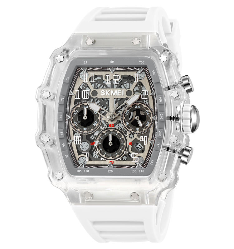 SKMEI 2305 Tonneau Skeleton Dial Chronograph Watch - white/transparent/white image 1