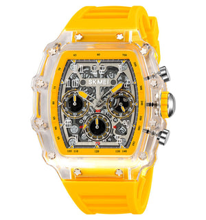 SKMEI 2305 Tonneau Skeleton Dial Chronograph Watch - White/Transparent-Yellow image 1