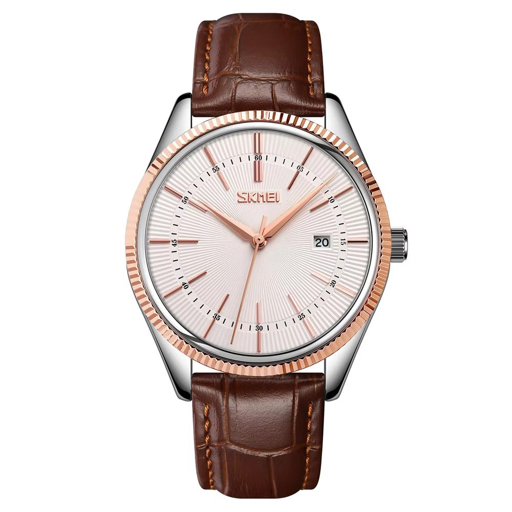 Skmei - 9298 - Leather Strap Casual Analog Quartz Watch - silver/rose gold-silver image 3