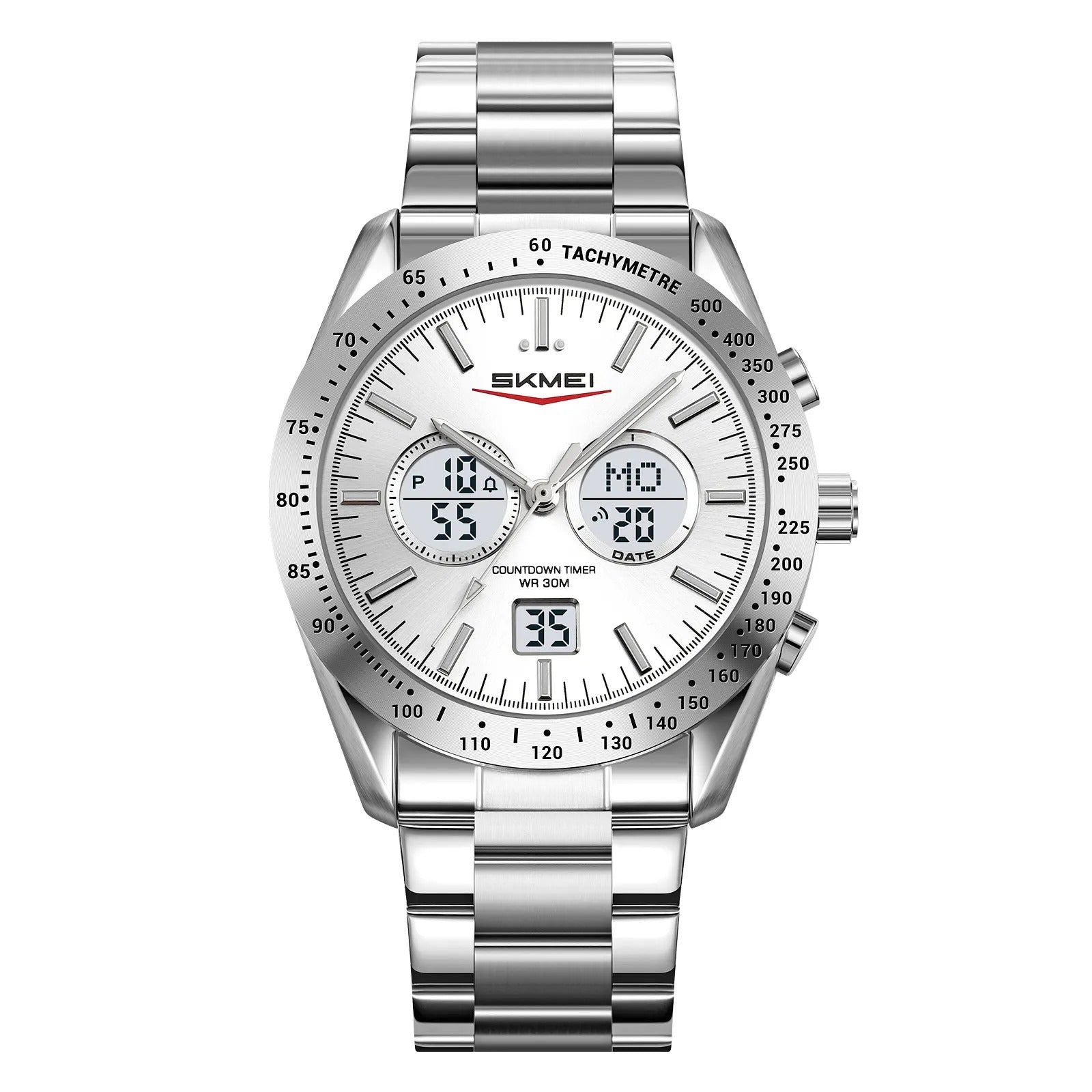 SKMEI 2503 Digital Tachymetre Countdown Timer Watch - silver/silver/white/steel image 0