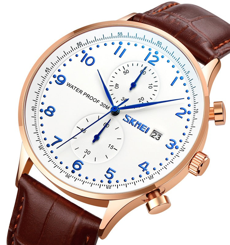 Skmei - 9301 - Classic Leather Chronograph Watch - Rosegold/Silver/Blue image 1