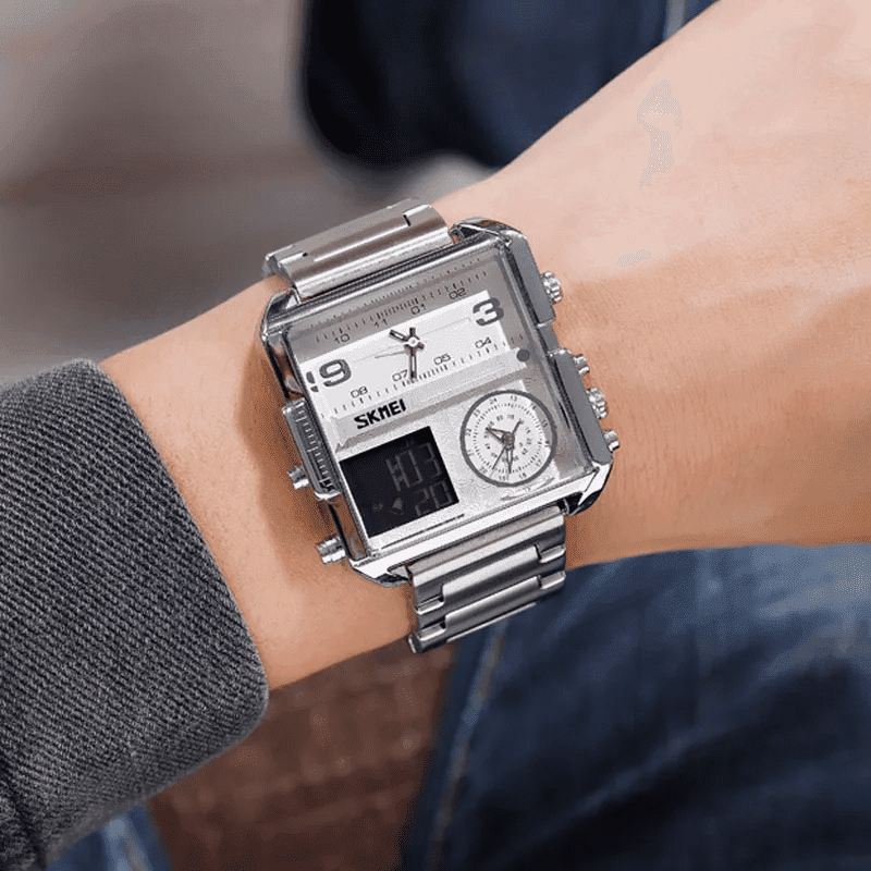 Skmei - 1584(chain) - Sports Quartz Waterproof Tiple time - Silver-Steel image 5