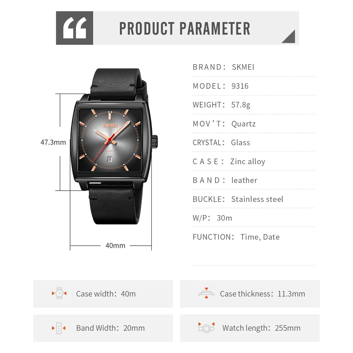 Skmei - 9316 - Elegant Square Analog Watch - black/silver image 4