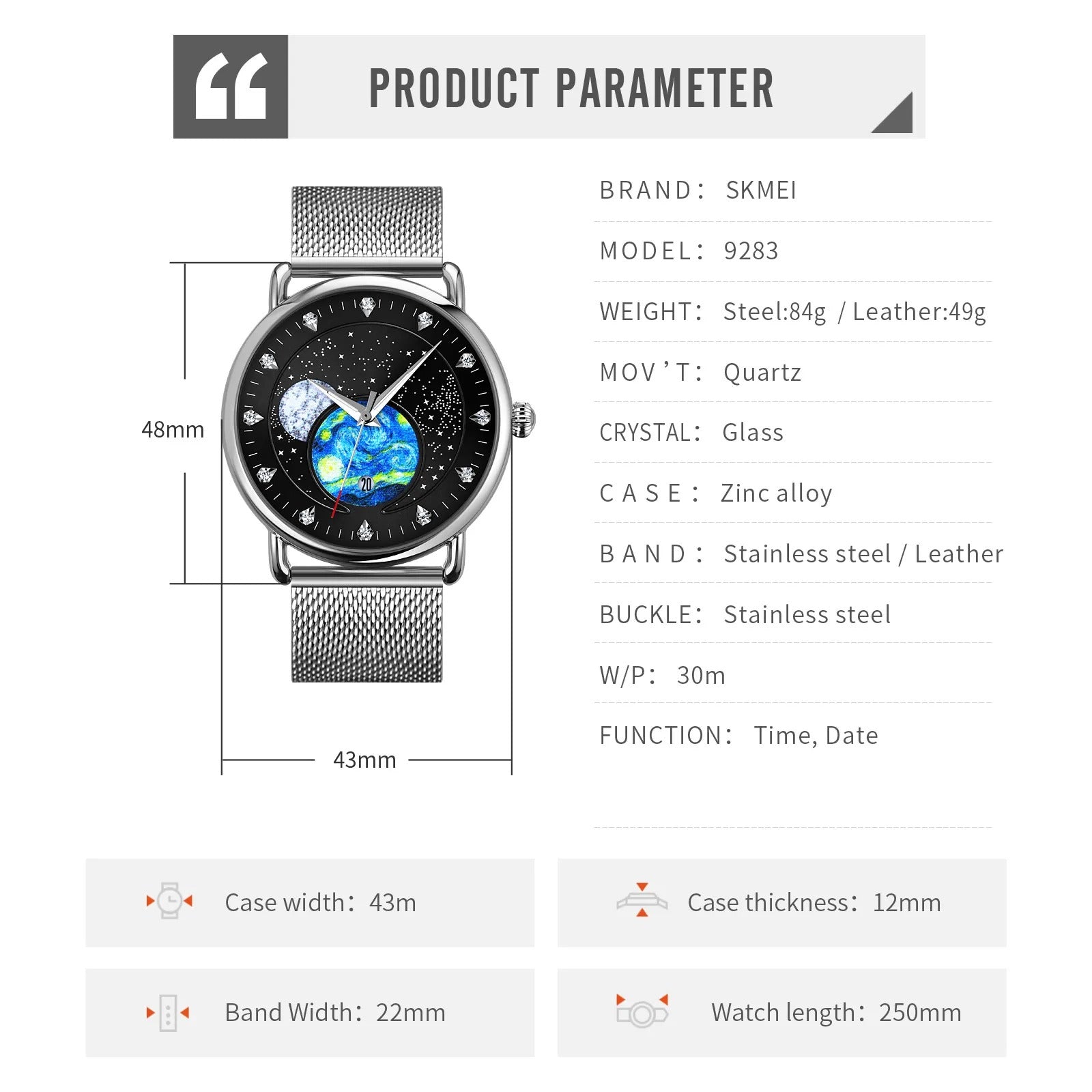 Skmei - 9283 - Classic Analog Galaxy Dial Watch - black-steel image 3
