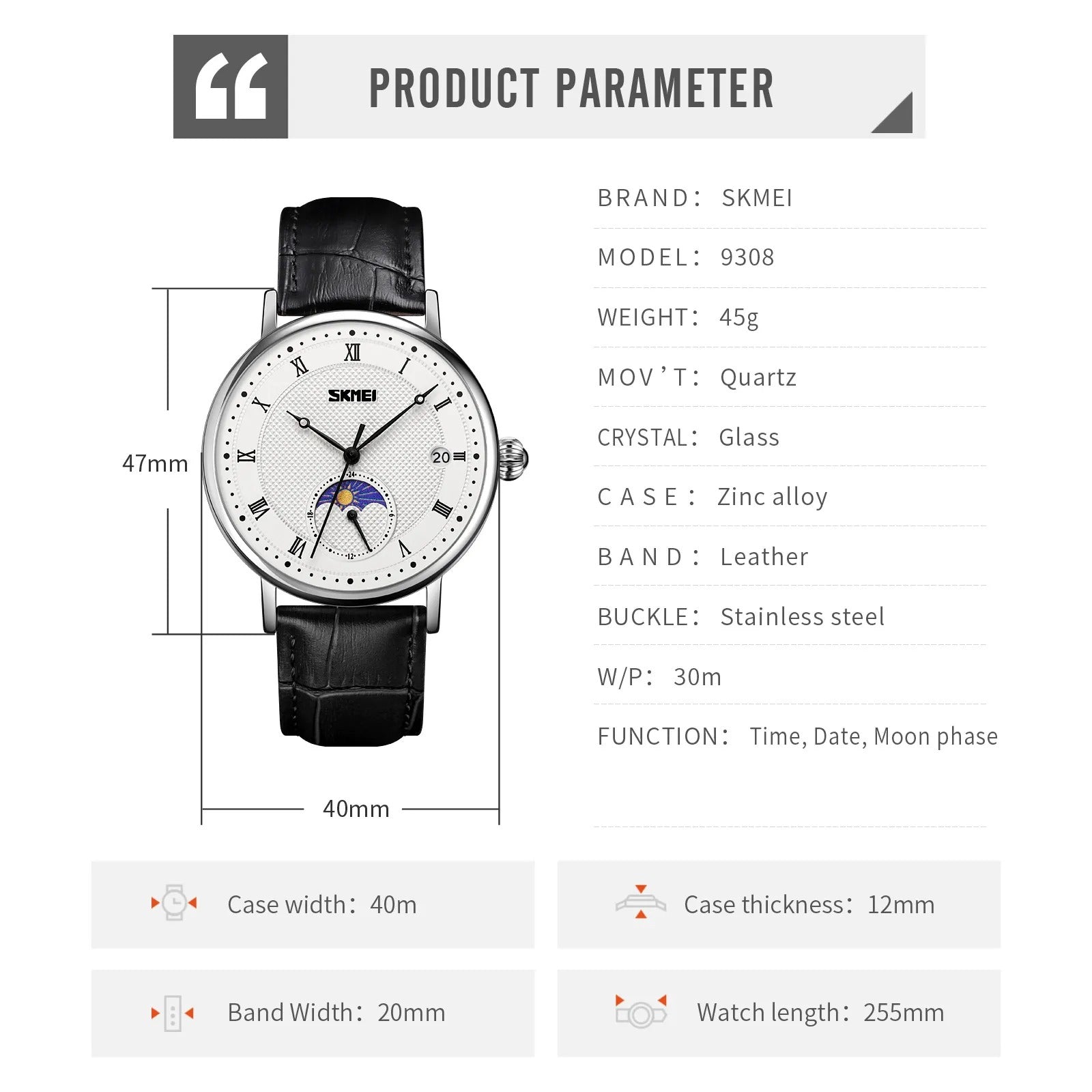 SKMEI 9308 Moon Phase Roman Leather Watch - silver/black image 7