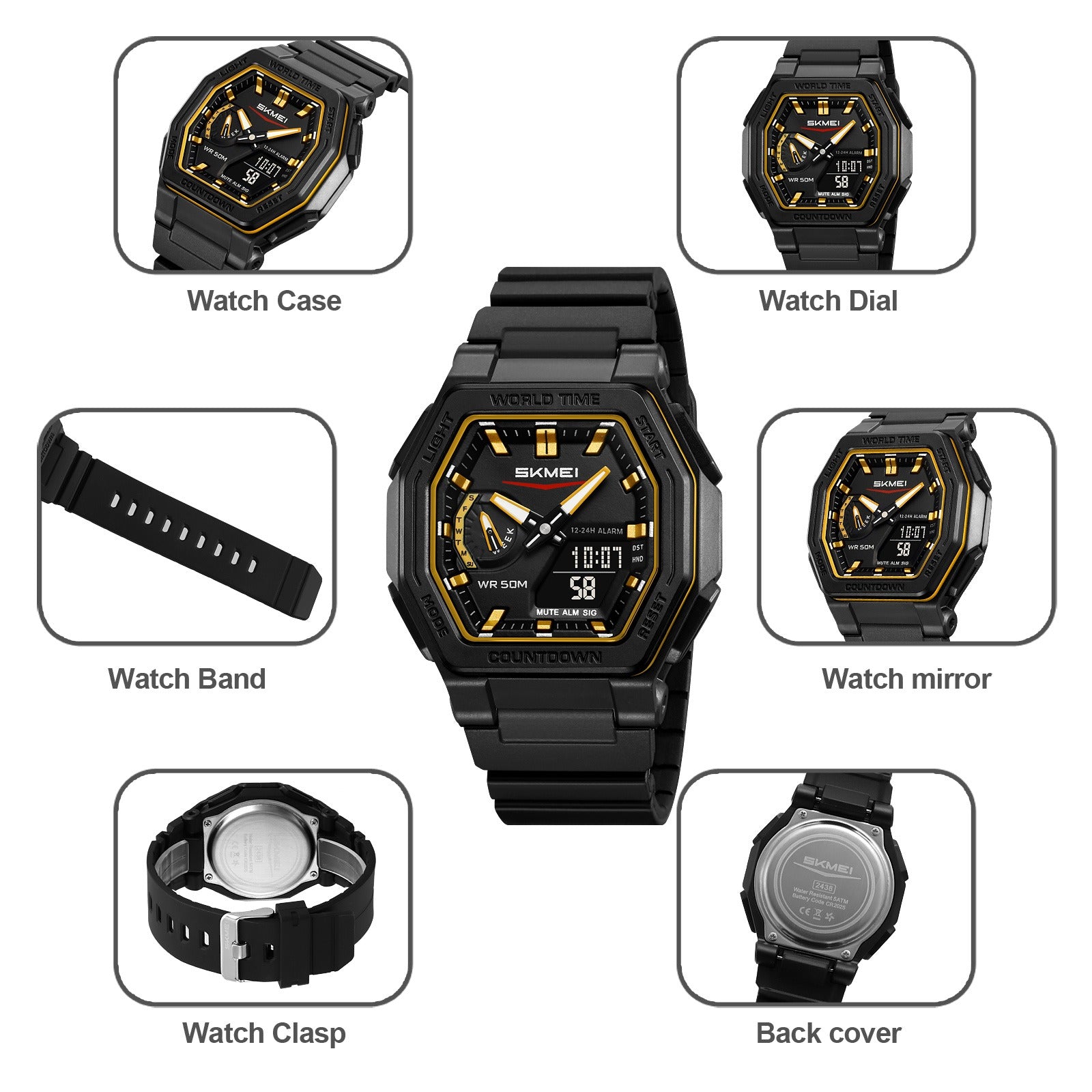 SKMEI - 2438 - Dual Sports Watch Multiple Time Zone - Black/Gold image 4