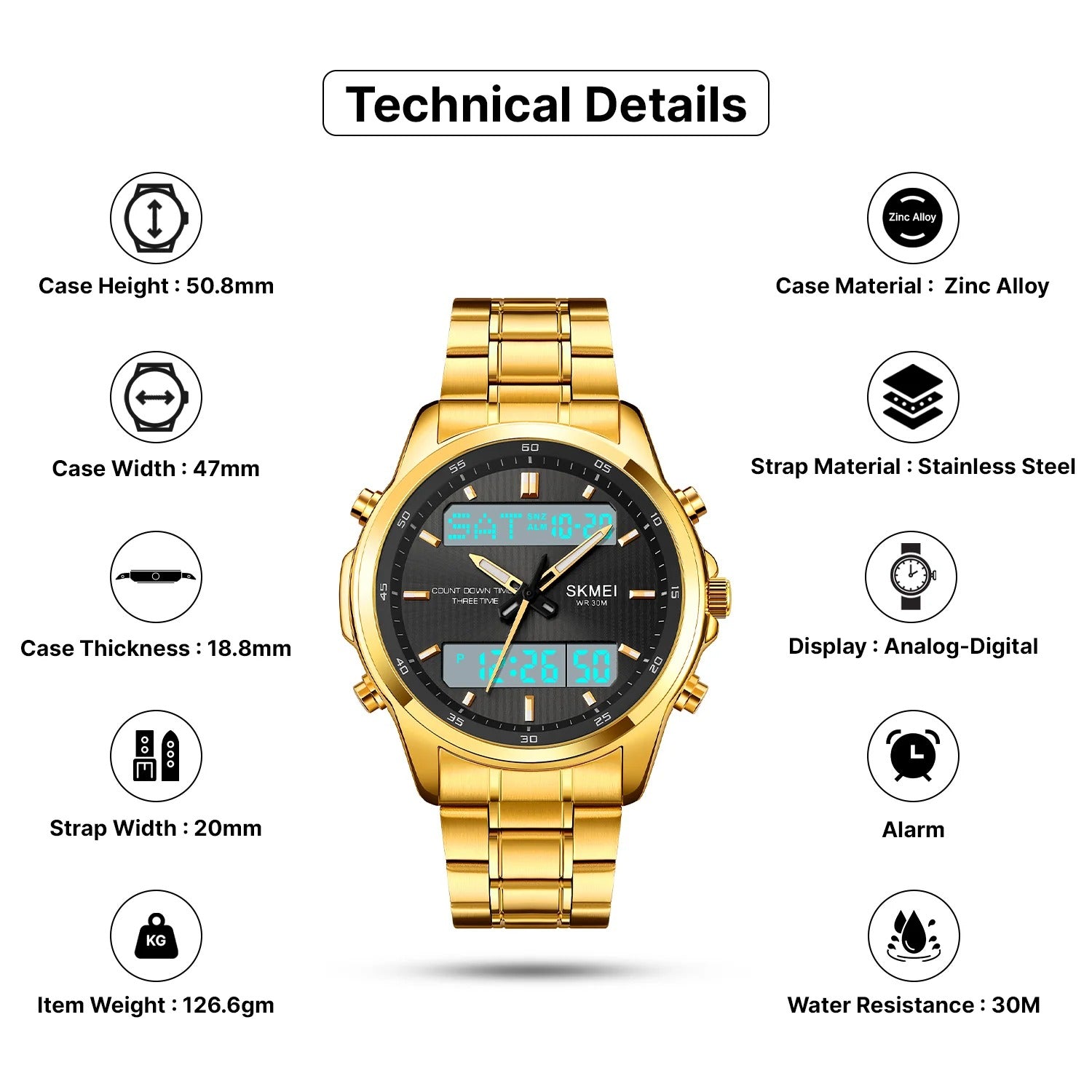 Skmei - 2049 - Multifunctional Waterproof Watch - gold/white image 3