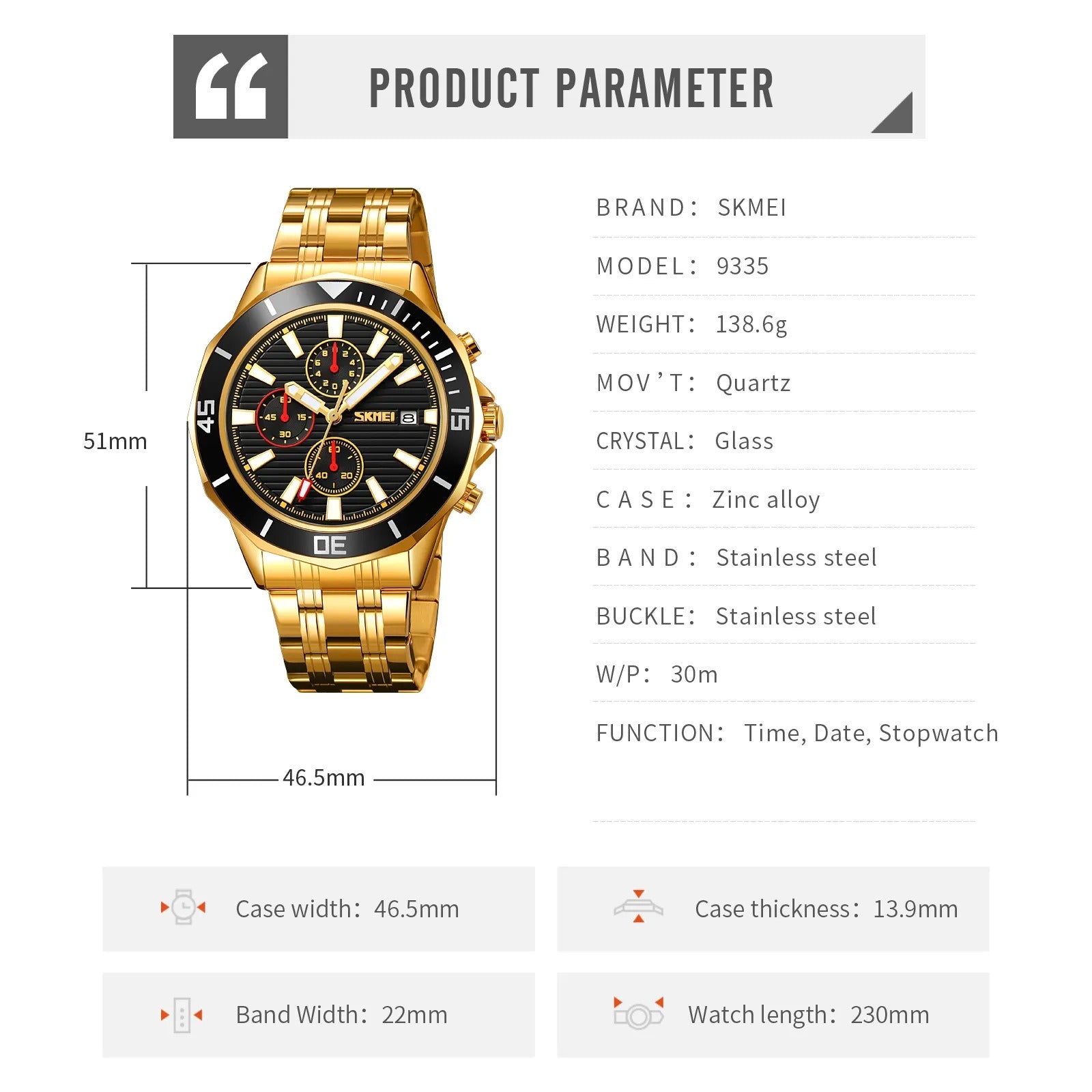 SKMEI - 9335 - Luxury Quartz Chronograph Stainless Steel Watch - gold/black image 6