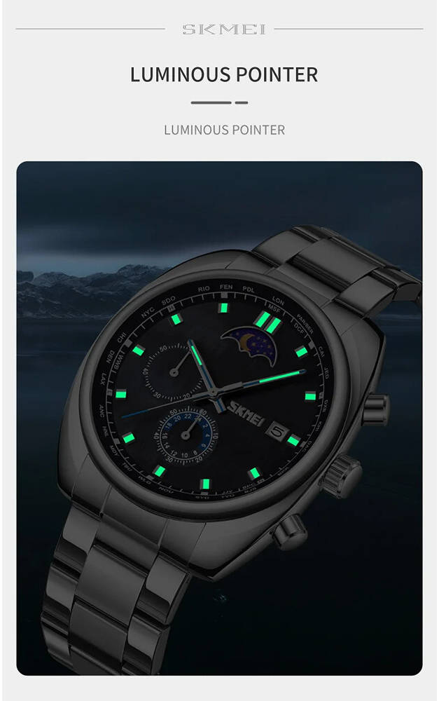 SKMEI - 9325 - Quartz Luxury Moon Phase Chrono Watch - RoseGold/Black image 4