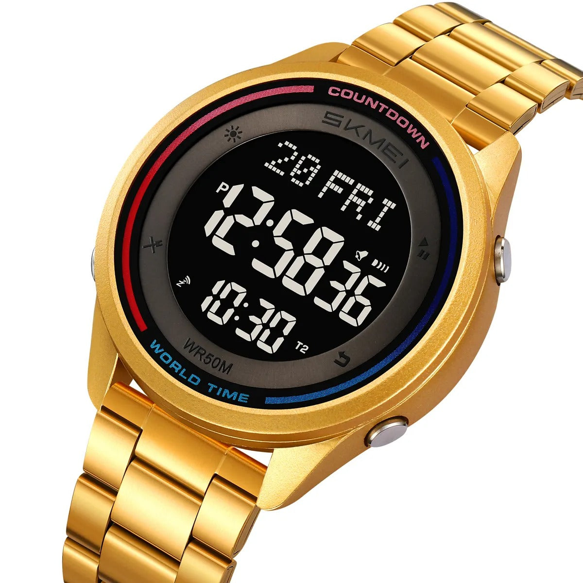 SKMEI 2412 Digital Countdown World Time Sports Watch - Gold/steel image 0