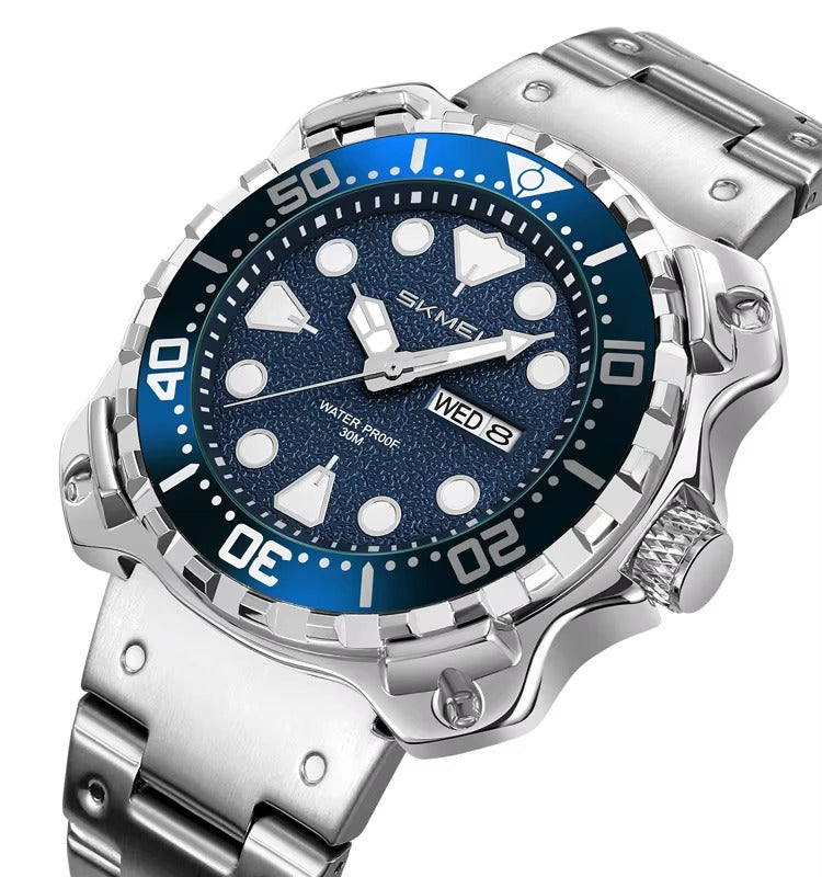 Skmei – 9385 – Luxury Stainless Steel Watch – Silver/Blue image 1