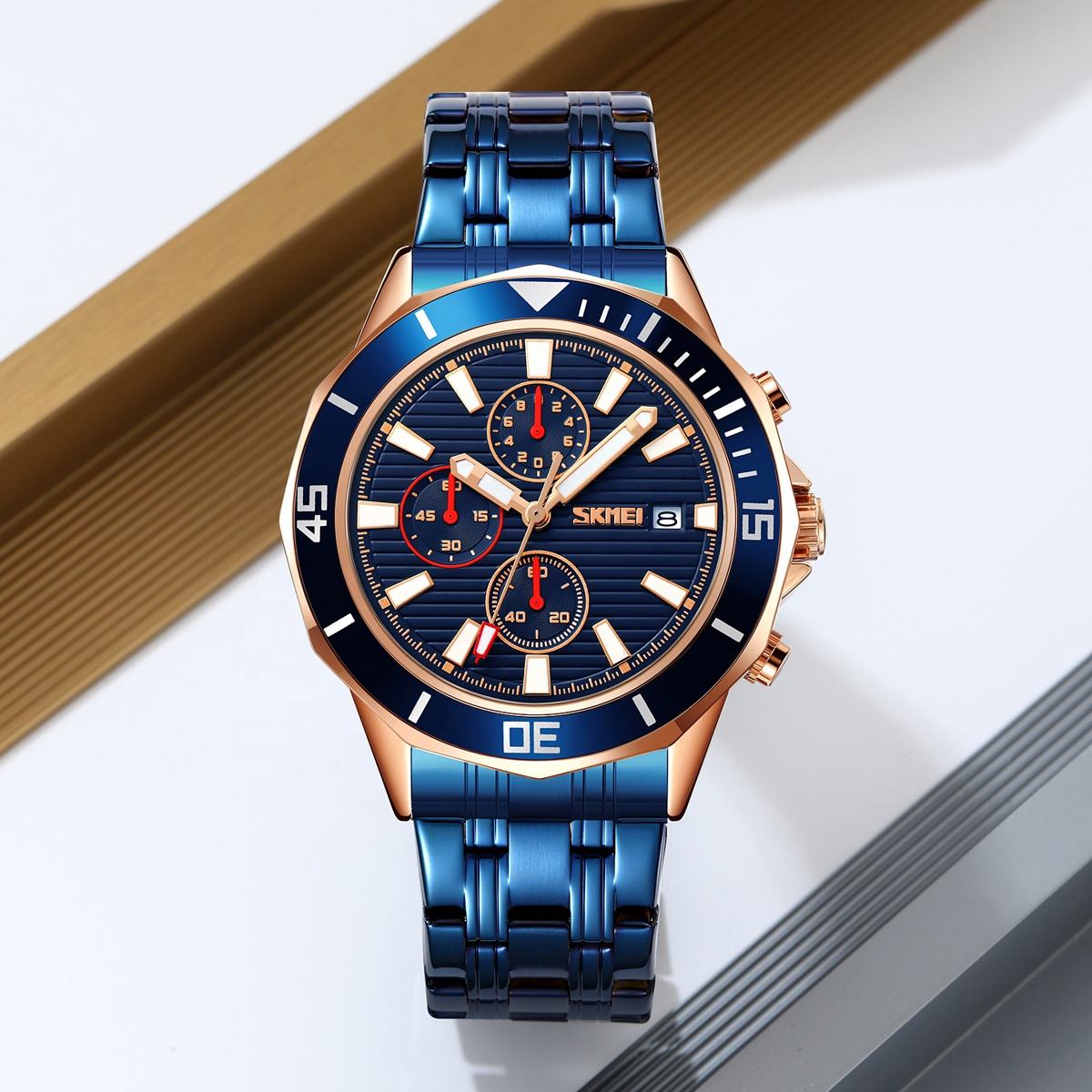 SKMEI - 9335 - Luxury Quartz Chronograph Stainless Steel Watch - rose gold/blue image 2