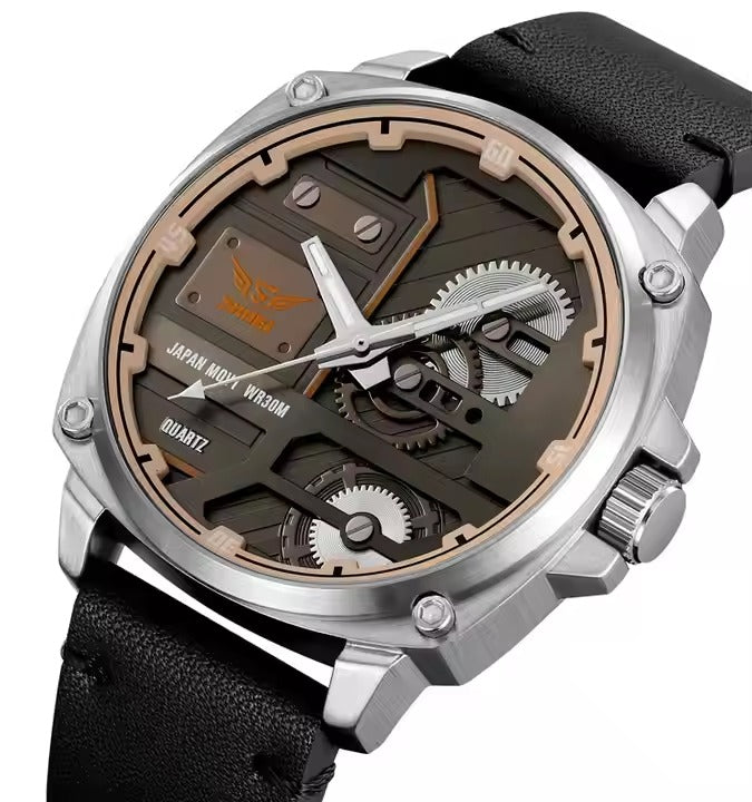 SKMEI 2289 Skeleton Dial Leather Strap Watch - Silver/Black image 1