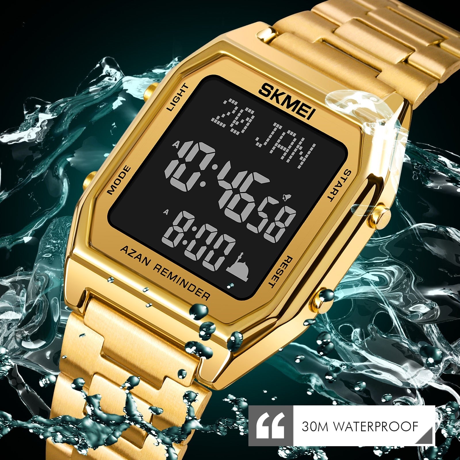 SKMEI - 1763 - Qibla Azan Time Reminder Prayer Watch - gold black image 0