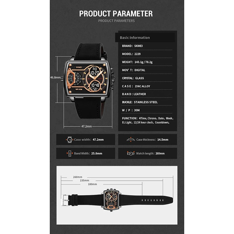 SKMEI 2229 Multi-Zone Analog Digital Sports Watch - Black/Black-Leather image 3