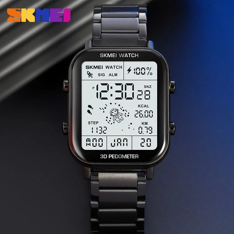 Skmei - 1888 - Digital Dial Step Count Pedometer Stainless Steel Watch - Black image 1