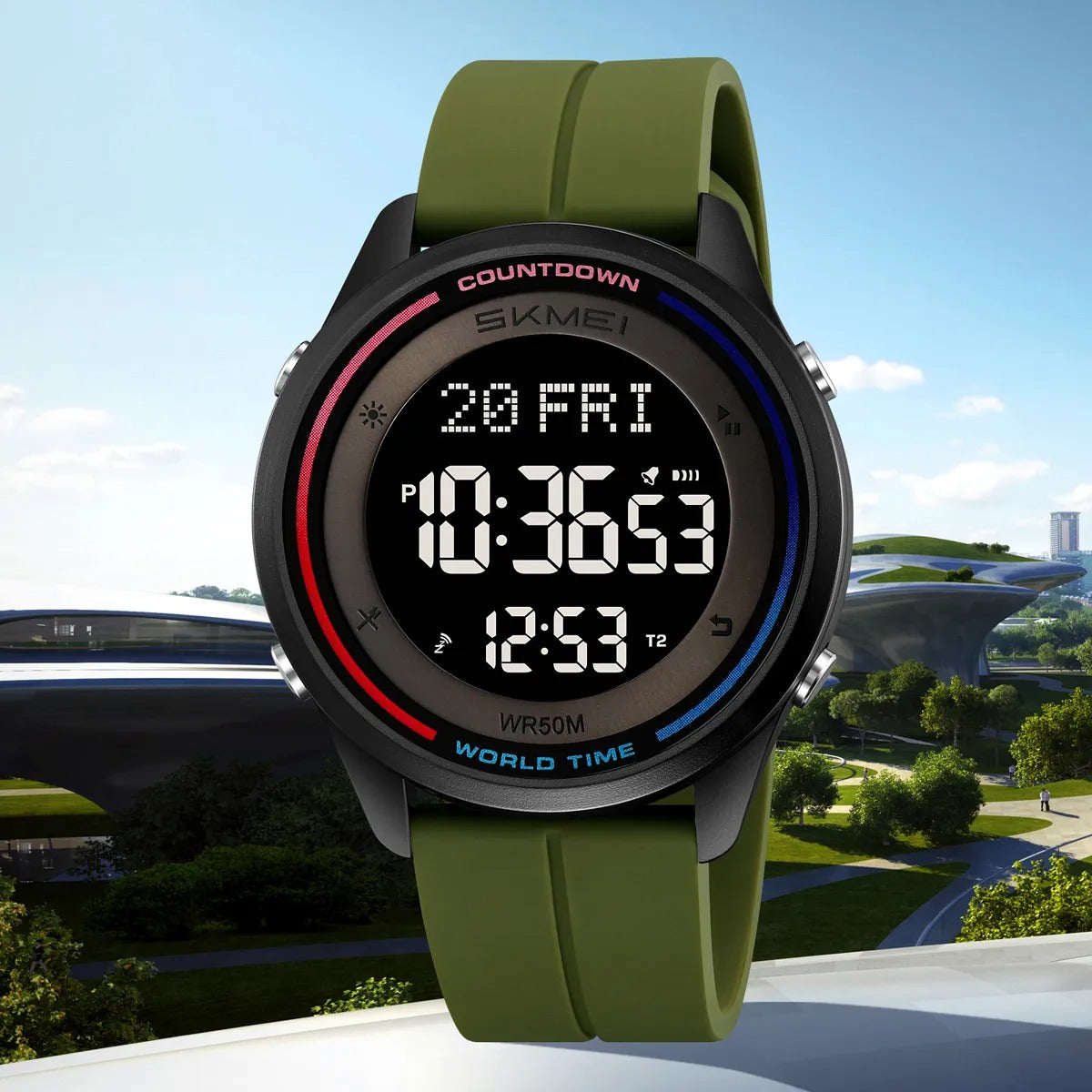 SKMEI 2412 Digital Countdown World Time Sports Watch - armygreen/silicon image 1