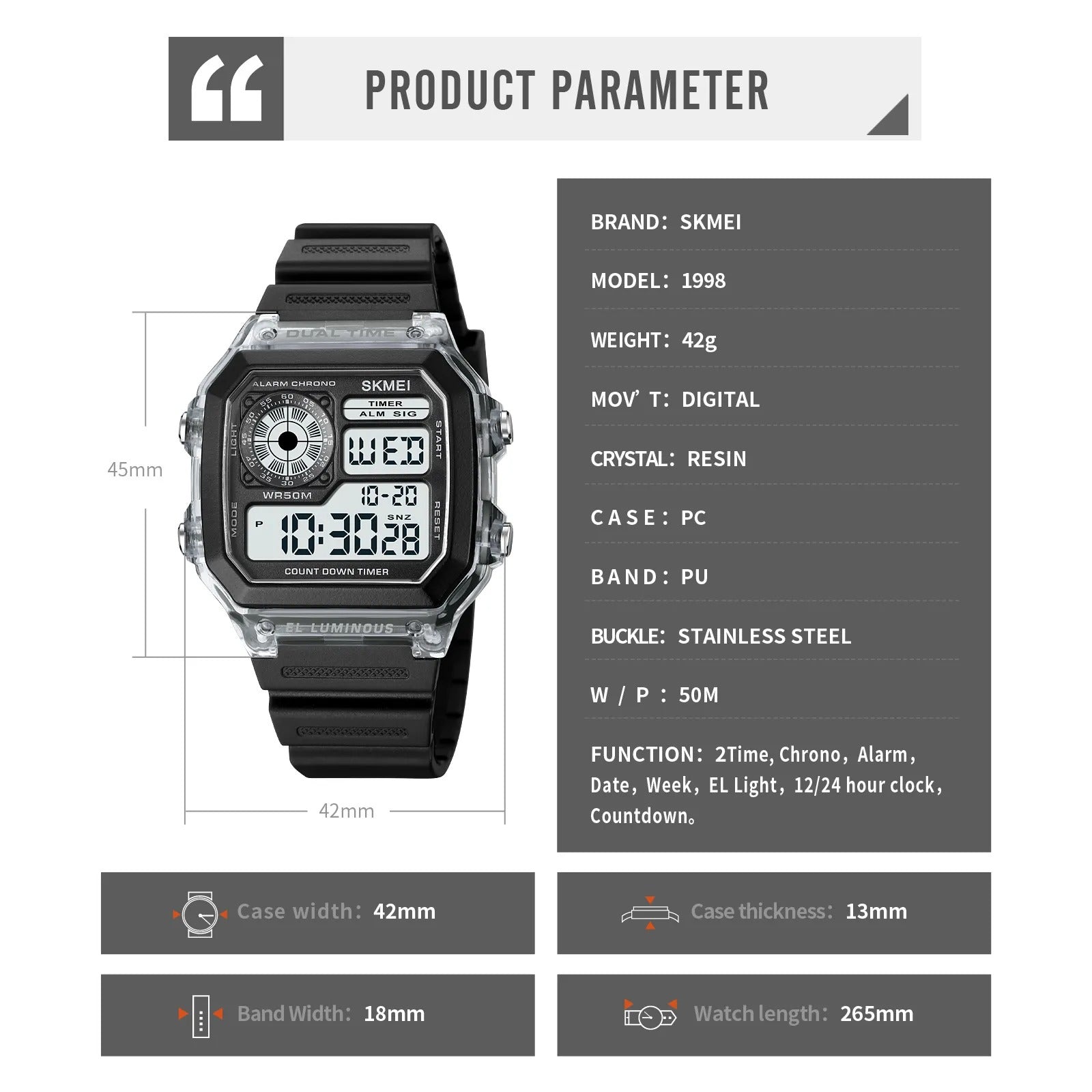 Skmei - 1998 - Digital Sports 50M Waterproof Watch - White image 7