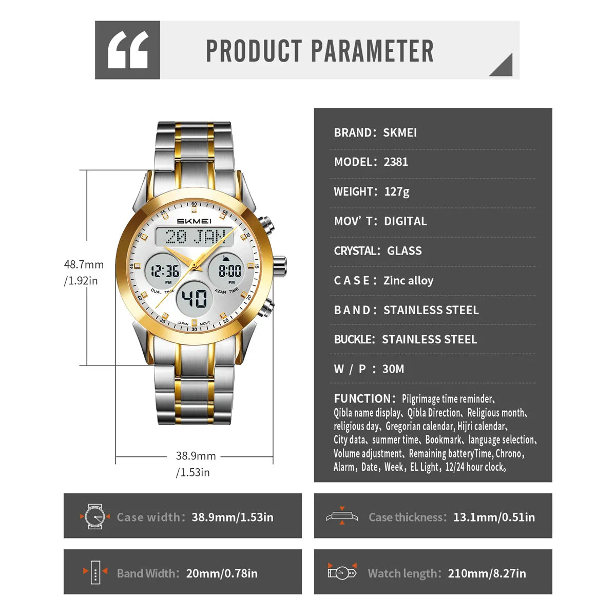SKMEI - 2381 - Qibla Azan Time Reminder Prayer Watch - gold/silver image 4