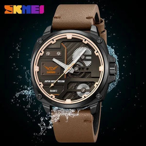 SKMEI 2289 Skeleton Dial Leather Strap Watch- Black/LightBrown image 1