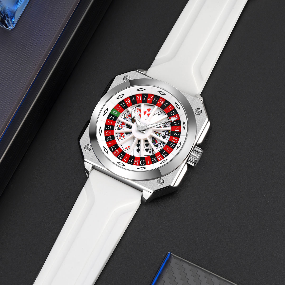 SKMEI - 9379 - Rotating Poker Dial Silicone Wrist Watch - Silver/white image 2