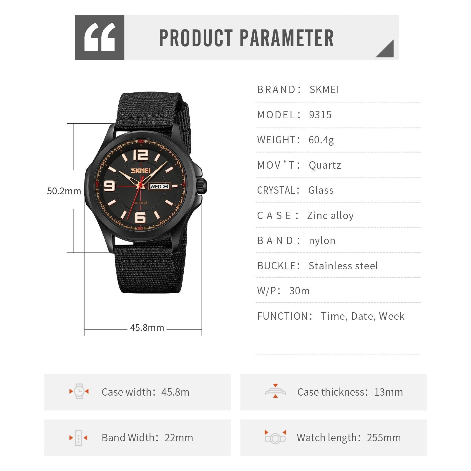 SKMEI - 9315 - Casual Nylon Strap Men’s Watch - black/black image 6