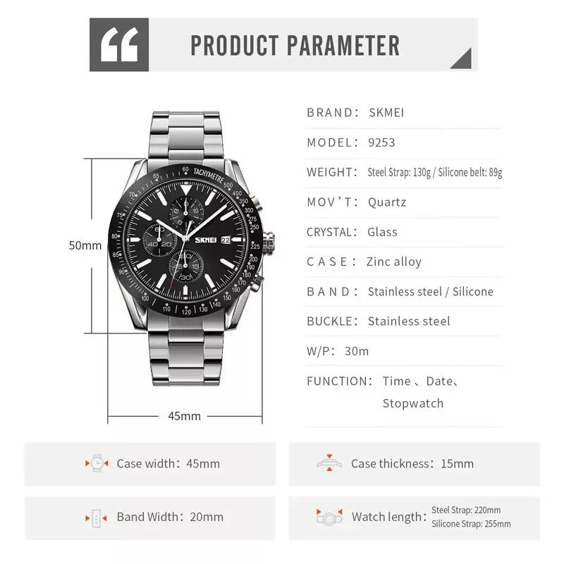SKMEI - 9253 - Elite Chronograph Watch - Silver/Black-Steel image 2