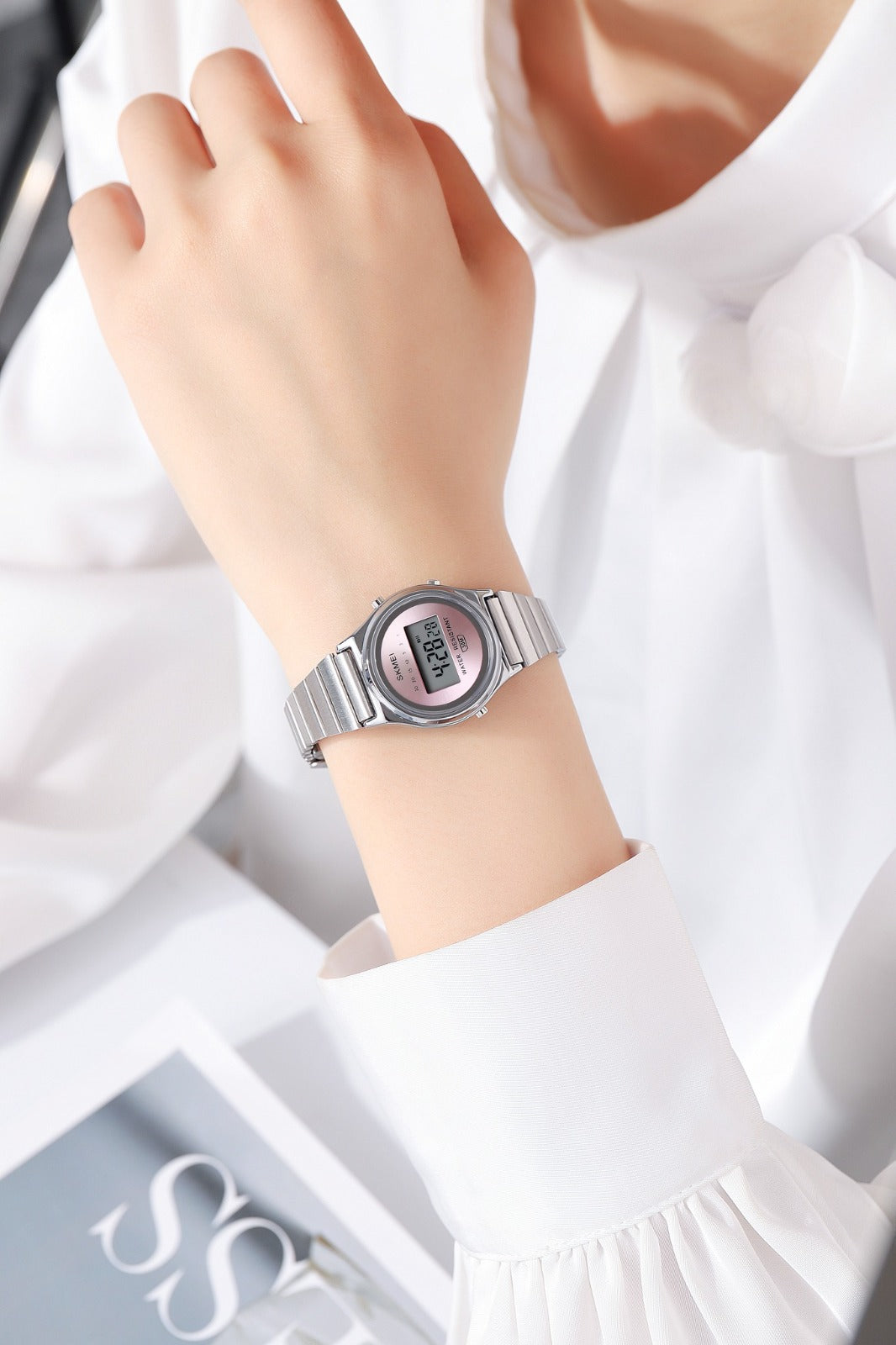 SKMEI - 2521 - Women Digital Stainless Steel Watch - silver/pink image 1