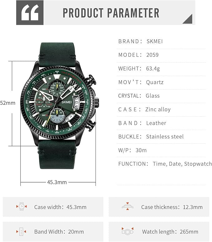Skmei - 2059 - Three Dial Quartz Watch Leather Strap 30 Meter Waterproof - Green image 2