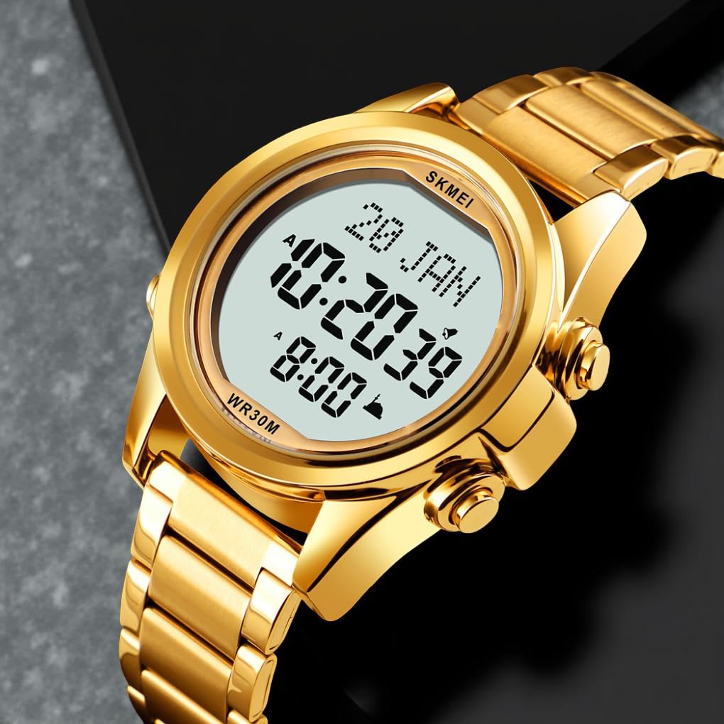 Skmei - 1667 - Qibla Azan Time Reminder Prayer Watch - Gold/White image 1
