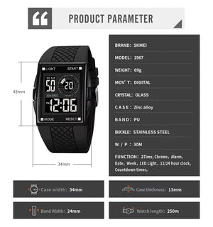 SKMEI - 1967 - Digital LED Multifunction Alarm Electronic Waterproof Watch - Black/Black image 5