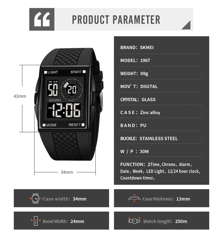 SKMEI - 1967 - Digital LED Multifunction Alarm Electronic Waterproof Watch - Black/Black image 5