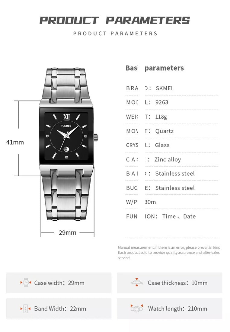 SKMEI 9263 Square Analog Quartz Watch - Silver/Black image 3