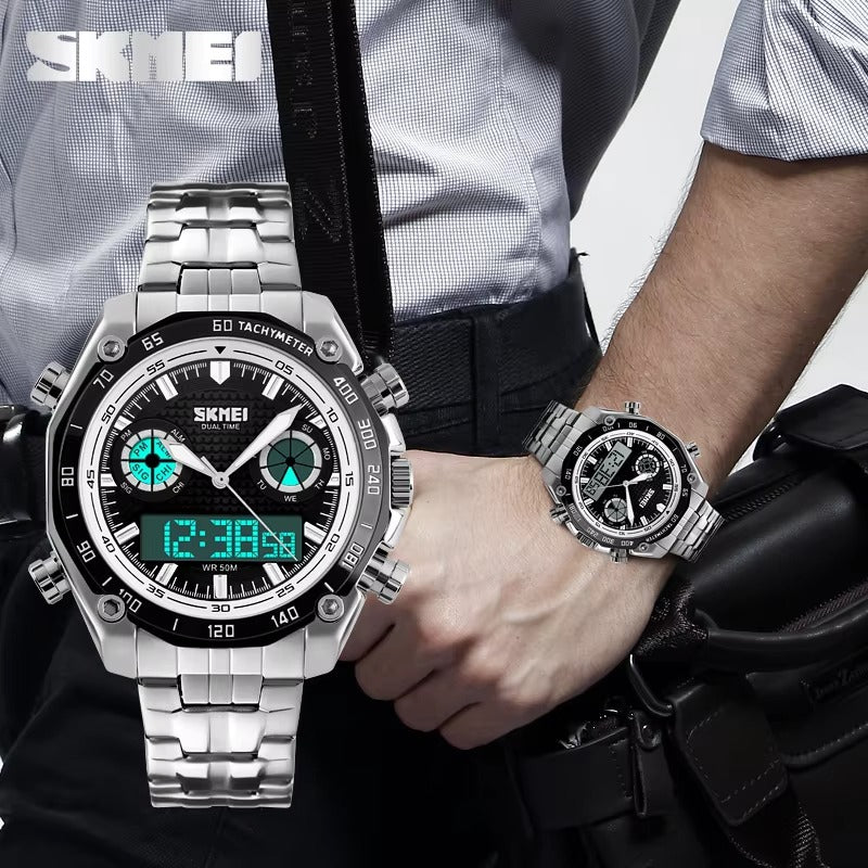 SKMEI - 1204 - Dual Time Stainless Steel Digital Watch - black/black image 2