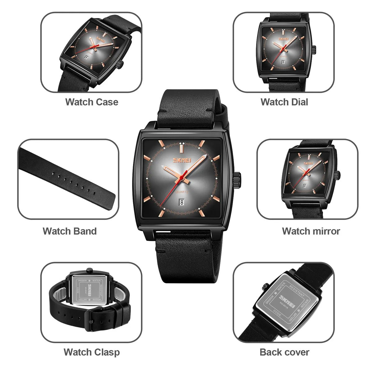 Skmei - 9316 - Elegant Square Analog Watch - black/silver image 2
